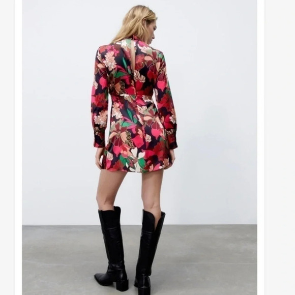 New Zara Floral Print Satin Effect Dress - Picture 5 of 16